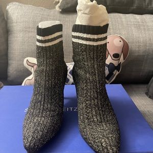 Stuart Weitzman Sock Boots Waverly Ankle Black Gold Stretch Booties